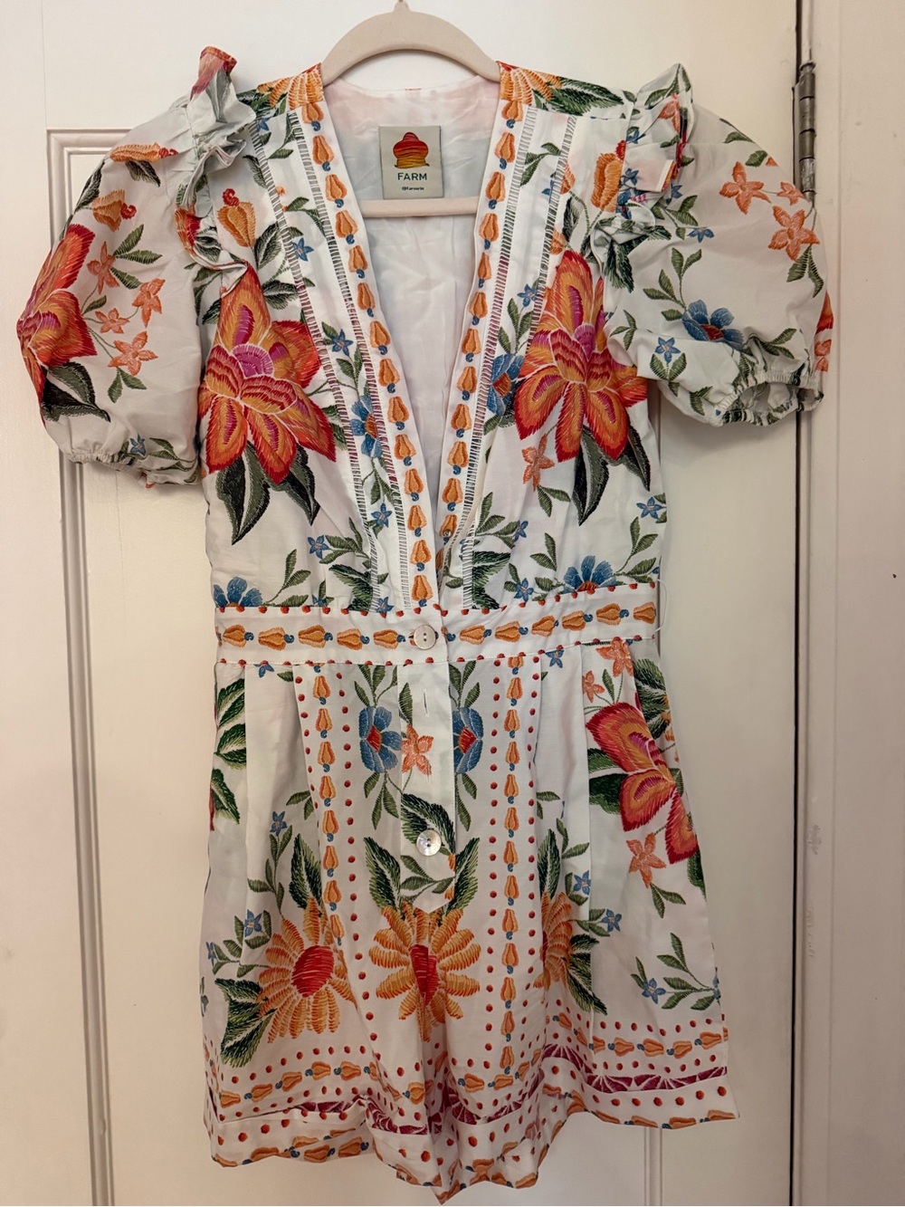 FARM Rio White Floral Embroidered Puff Sleeve Romper
